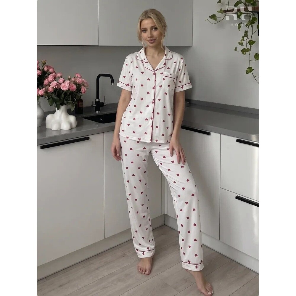 Womens M/L Ivory Print Pajama Set Button Up Short Sleeve Shirt Pants 2Piece Cute